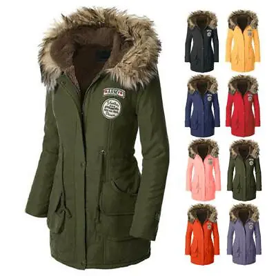Buy UK Women's Warm Long Coat Fur Collar Hooded Jacket Slim Winter Parka Outwear • 17.78£