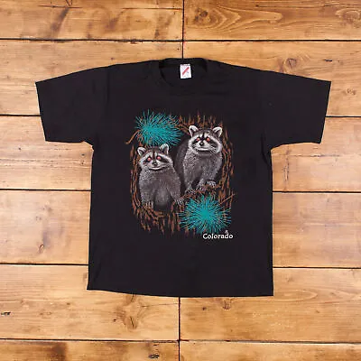 Buy Vintage Jerzees Single Stitch T Shirt Graphic Large 80s USA Made Racoon Black • 21.59£