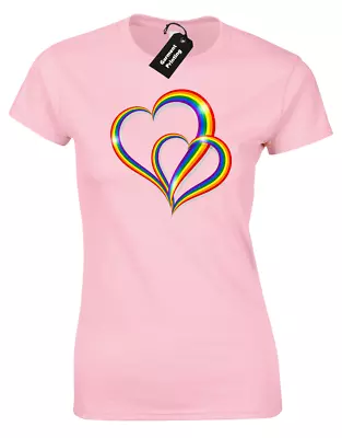 Buy 2 Pride Hearts Ladies T Shirt Gay Pride Lgbtq Community Lesbian Rainbow Flag Top • 7.99£