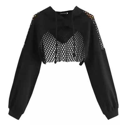 Buy Women Mesh Fishnet Hoodies Long Sleeve Cutout Loose Crop Top Sweatshirt • 10.21£