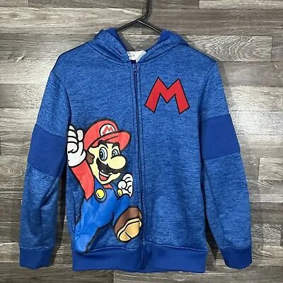 Buy Super Mario Bros Fleece Jacket Boys L Blue Hooded Full Zip Pockets Graphic Print • 24.12£