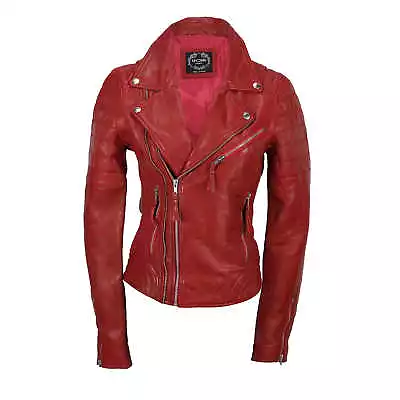 Buy Ladies Women Black Red Soft Real Leather Biker Jacket Slim Fit Size UK 8 To 24 • 59.99£