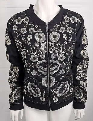 Buy URBAN MIST Ladies Black Embroidered & Sequinned Zip Front Bomber Jacket 16 NEW • 49.99£