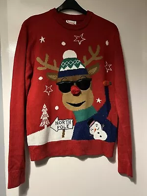 Buy Mens Sm Christmas Jumper Red Reindeer Acrylic Poly Metallic Crew Neck • 13.50£