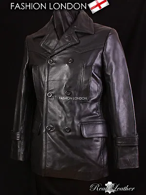 Buy KRIEGSMARINE Men's German Pea Coat Submarine Cowhide Leather Jacket Coat Black • 128.69£