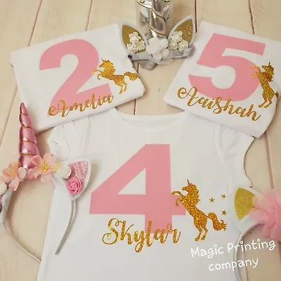 Buy Girls Unicorn T-shirt Birthday Outfit  PERSONALISED 2nd 3rd 4th 5th 6th Top Gift • 9.99£