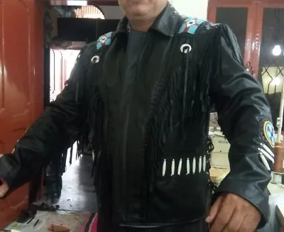 Buy Men's Cowhide Leather Black Jacket Native American Fringes Coat For Men All Size • 139.99£