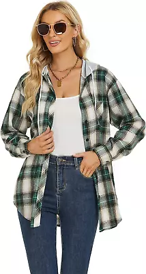 Buy Womens Oversized Flannel Shirts Hoodies Long Sleeve Button Down Boyfriend Checke • 39.81£