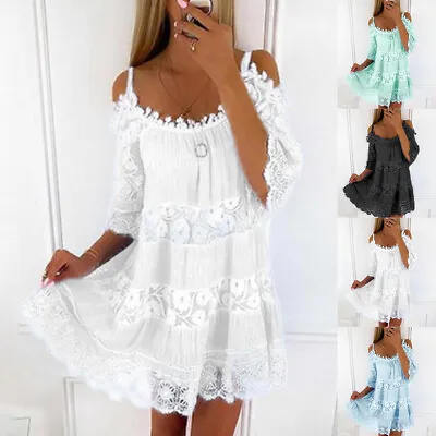 Buy Womens Lace Cold Shoulder Mini Dress 3/4 Sleeve Summer Beach Baggy Shirt Dresses • 3.79£
