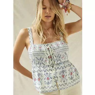 Buy New Anthropologie Forever That Girl Lace-Up Peplum Tank  $110 SMALL Ivory & Blue • 44.98£