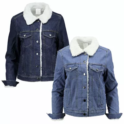 Buy Womens Denim Jacket Slim Fit Sherpa Lined Premium Blue Jeans Borg Trucker Coat • 18.99£