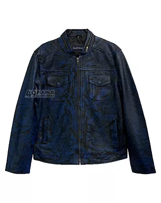 Buy GUNNER Mens Antique Blue Short Bomber Biker Motorcycle Style Real Leather Jacket • 41.65£