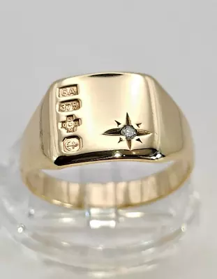 Buy Diamond Solid 9ct 9 Carat Gold Signet Ring Retro Jewellery UK P US 8 EU 56 • 219.99£