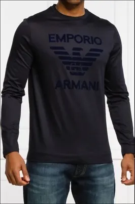 Buy Emporio Armani Black Mens T Shirt Velvet Print Long Sleeve Tee Schir Size M*L*XL • 37.84£