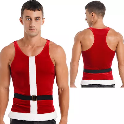 Buy UK Mens Christmas Santa Claus Costume Teddy Tank Flannel Trim T-shirt With Belt • 18.59£