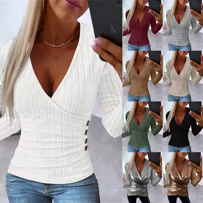 Buy Womens V Neck Wrap Tops Ladies Slim Long Sleeve Party T Shirt Blouse Size 14 • 2.99£
