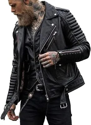 Buy Men's Vintage Black Slim Fit Quilted Style Fashion Biker Real Leather Jacket • 24.99£