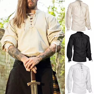 Buy Men Medieval Shirt Top Fancy Dress Pirate Vintage Gothic Lace Up Bandage Party • 4.99£