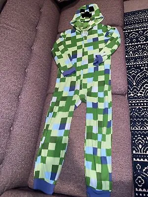 Buy Minecraft Boys Creeper Union Suit Large Pajamas Green Zip Up Hooded Long Sleeve • 10.40£