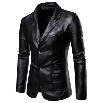 Buy Men PU Leather Work Blazer Jacket Business Casual Button Slim Fit Suit Coat Tops • 37.80£
