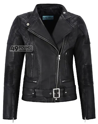 Buy Women's Black Leather Jacket Napa Quilted Shoulder Biker Motorcycle Style • 41.65£