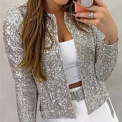 Buy UK Women Sequin Coat Short Glitter Jacket Ladies Blazer Fashion Party Outwear • 11.99£