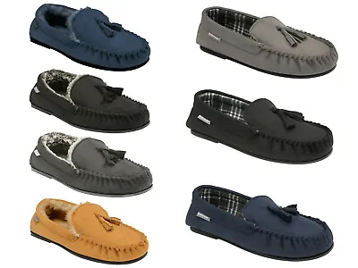 Buy Dunlop Mens Moccasin Slippers Loafers Faux Suede Warm Lined Outdoor Sole 'Duke' • 14.99£