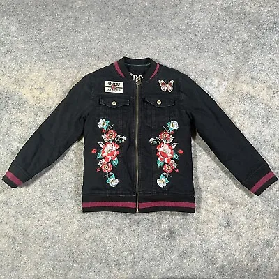 Buy GUESS Black Embroidered Denim Jacket XS Reversible Silky Sleeve Fluffy Lined • 14.95£