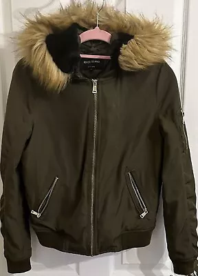 Buy Ladies River Island Khaki Bomber Jacket, Size 8, Detachable Fur Hood • 3.99£