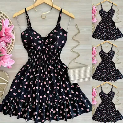 Buy Women Boho Summer Cami Dress Ladies Holiday Sexy Sleeveless Floral Mini Sundress • 3.79£