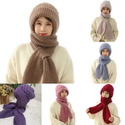 Buy Winter Women All-in-One Knitted Hat And Scarf Warm Plush Hat Thick Hooded Scarf • 8.99£