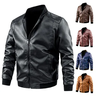 Buy Men's Faux Leather Biker Jacket Windproof Slim Fit Zip Stand Collar Tops Outdoor • 4.99£
