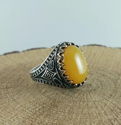 Buy 925 Sterling Silver Handmade Men Ring With Oval Shape Yellow Agate Stone • 59.76£