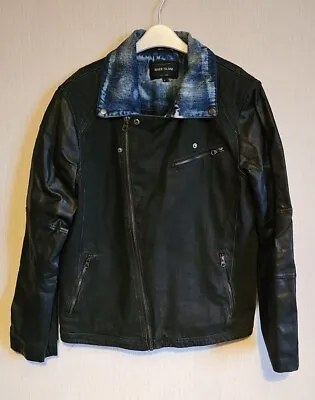 Buy Mens Black Denim Heavyweight River Island Jacket Leather Sleeves Zip Up Large • 12.95£