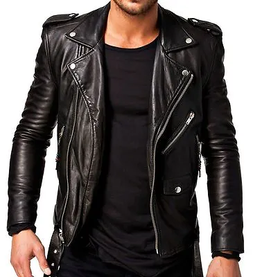 Buy Men Leather Jacket Black Slim Fit Biker Genuine Lambskin Jacket • 24£