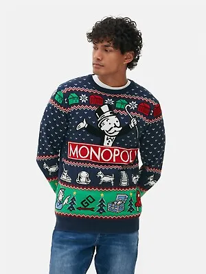 Buy Hasbro Monopoly Christmas Jumper Board Game RARE Xmas Sweater NEW Men's Navy • 39.99£