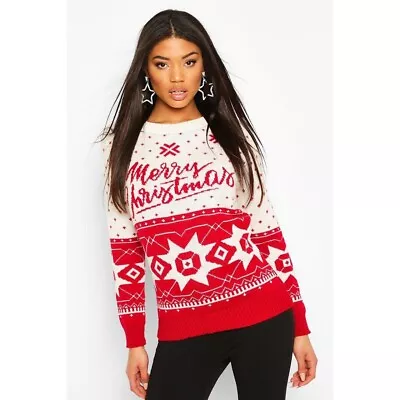 Buy Fairisle Merry Xmas Christmas Jumper Knit Red Festive Novelty Medium M 10-12 • 7.99£