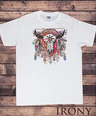 Buy Native American Skull Feather Men's Cotton T-Shirt | Tribal Red Indian Tee TS958 • 14.99£
