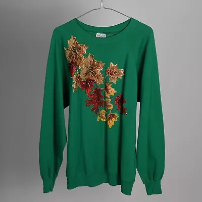 Buy Vintage 1980s Hanes Green Festive Autumn Leaves Glitter Christmas Green Large • 6£