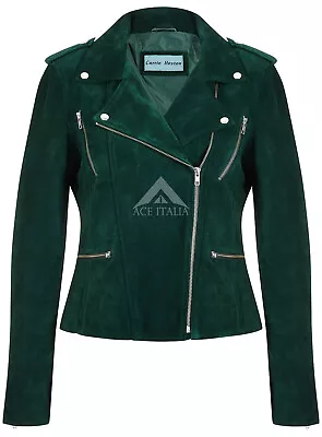 Buy Women's Biker Leather Jacket Green Suede Classic Fashion Casual Jacket 7113-A • 93.66£