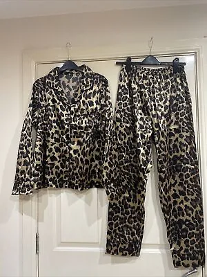 Buy Animal Print Button Up Satin Feel Pyjamas Size 8 10 12 Ladies Long Sleeve • 9.99£