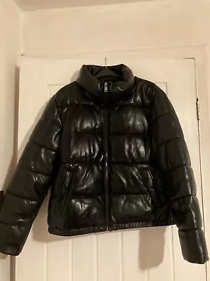 Buy Black Faux Leather Puffer Short Jacket Ladies Size Large (14/16) • 5£