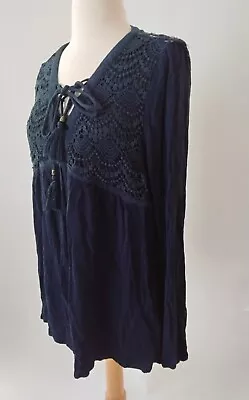 Buy Knox Rose Tunic Blouse L Lace Crochet Floral Blue Long Sleeve Boho Peasant • 18.89£