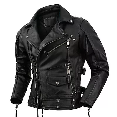 Buy Men's Genuine Cowhide Premium Leather Motorcycle Biker Top Leather Jacket Black • 100£