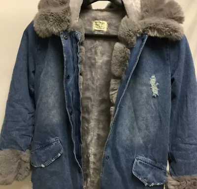 Buy Aofur Womens Blue Grey Denim Faux Fur Hooded Winter Anorak Jacket Size S,M,2XL • 25.99£