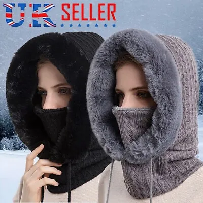 Buy Lady Winter Hat Scarf Hooded Plush Fur Neck Warmer Thick Plush Fluffy Beanies UK • 12.89£