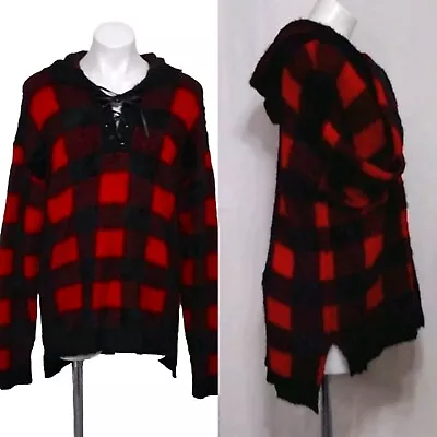 Buy NWT Rock & Republic Women's Soft Fuzzy Plaid Pullover Hooded Sweater Large $54 • 37.89£