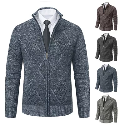 Buy Mens Knitted Fleece Lined Jacket Cardigan Full Zip Winter Warm Jumper Coat Tops • 15.09£