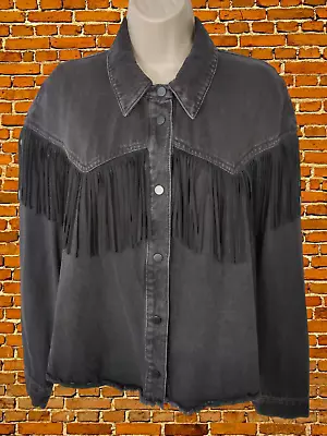 Buy Womens Zara Medium Black Fringed Collared Denim Jean Jacket Coat Cowgirl • 14.99£
