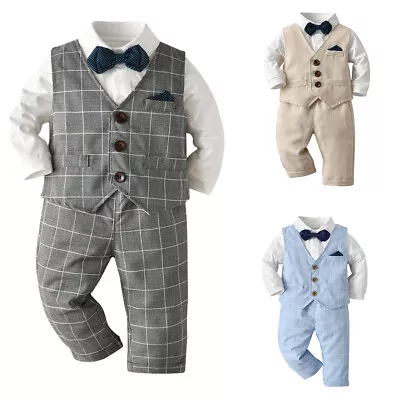 Buy 3pcs Baby Boy Gentleman Outfit Birthday Party Shirt Bowtie Check Vest Pants Suit • 3.99£